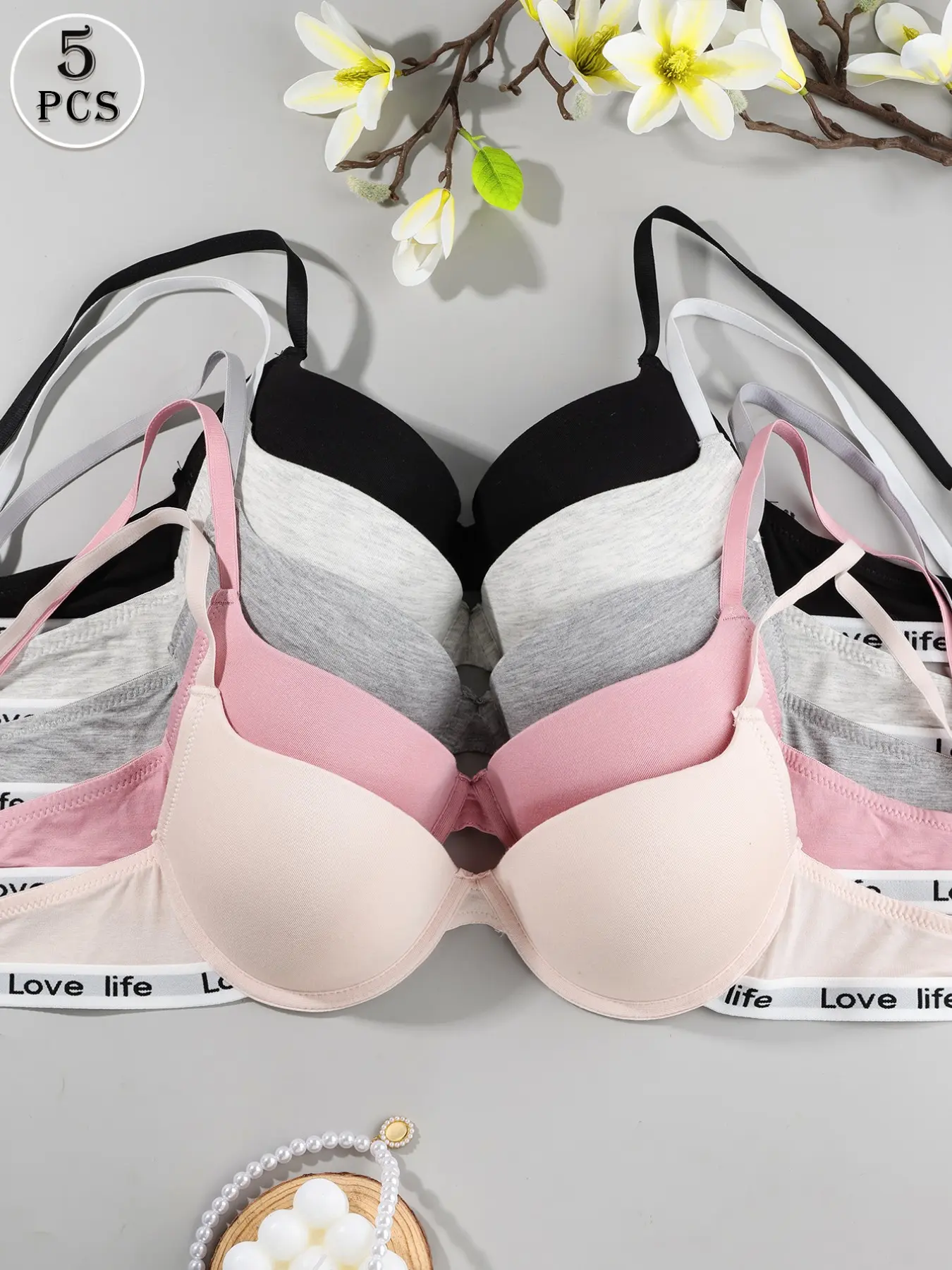 5 Pack Smooth Push Up Bra - Women's Lifting Shaping Bra, Adjustable Back Buckle Comfort Underwear With Letter Decor, Adjustable Bras