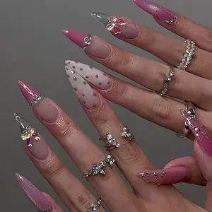 Handmade Pink Bow Polka Dot Press On Nails | 3D Metallic Charms & Glossy Gradient | Stiletto Nails For Chic Romantic Vibes