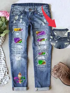 Jeans Mardi Gras Pants for Women Straight Leg Roll-up Denim Pants Distressed Frayed Raw Hem Boyfriend Jeans for Women