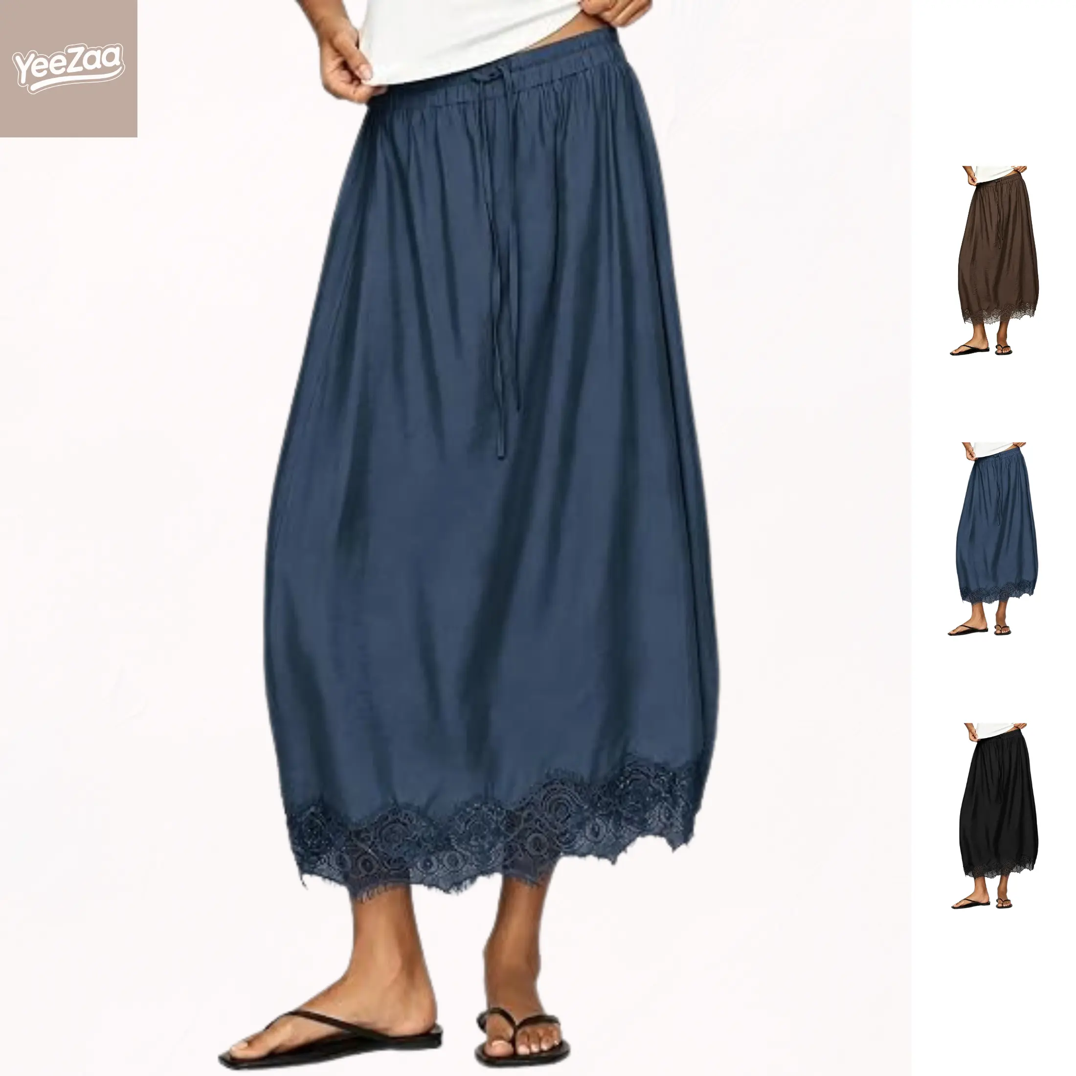 YeeZaa Lace Hem Midi Skirt For Women High Waisted Drawstring Flowy A-Line Skirts, Casual Lightweight 2026 Fall Fashion Back to School First Day Outfit College Outfit Transitional Fall Look Office Outfit Beach Boho Skirt Chill Vintage Style