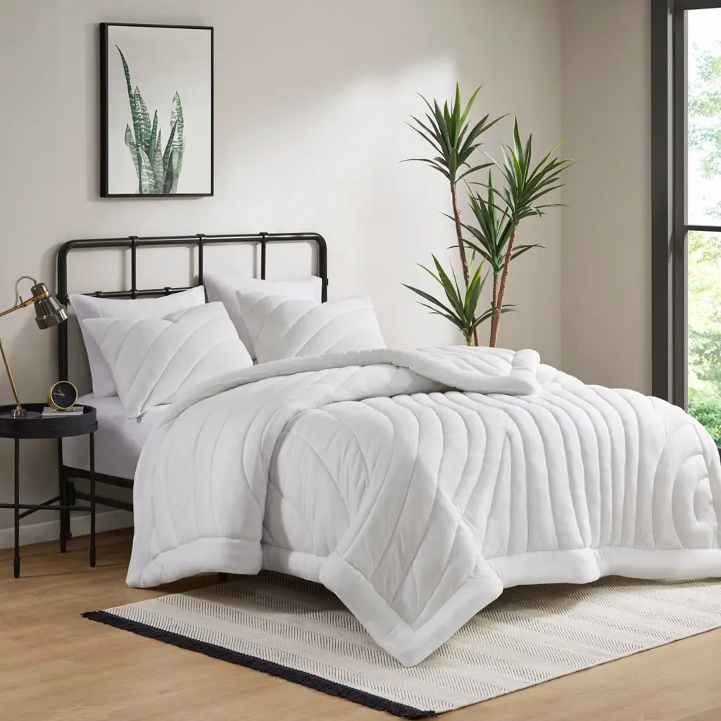 Urban Habitat UH10-2515 Juniper Poly Jersey Comfy Bedding Puff Quilt Comforter Set, 68x92x1.5 in, White - Twin & Twin Extra Large, Comfy Bedding Set, Puff Quilt Set