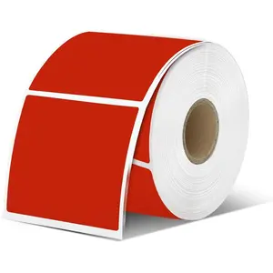 Red Square Thermal Label Stickers, 2"x2" Self-Adhesive Square Direct Thermal Labels with Perforation Line, 500 Sheets/Roll