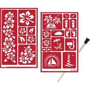 2 Reusable Glass Etching Stencils Set Beach Themed Etch Stencil Hibiscus Aloha Hawaii Tiki Inspired Design Set Includes Brush Total 3 Items