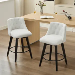 360° Swivel Bar Stools Set of 2-Modern 25" Counter Height Stools with Stain-Resistant Line&Button Tufted Back, Solid Wood Frame Barstools for Kitchen Island, Cafe or Home Bar, Easy Assembly White table chair