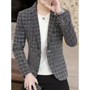 Men��s Houndstooth Blazer �C Polyester, Slim Fit, Lapel Collar, Functional Pockets, Fall/Winter Tailored Sports Jacket Menswear  Long Sleeve