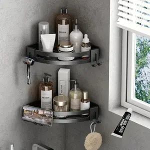 Corner Shower  with Razor Holder Adhesive Shower Shelf Corner No Drilling Bathroom Corner Shower Organizer Storage Rack (2-Pack, Black)