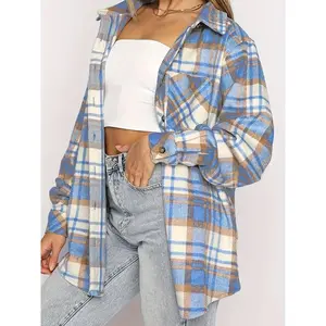 New[Chic Plaid Shacket] Soft Plaid Women's Plus Size Long Sleeve Shacket - Turn-Collar Button Up Coat with Pockets, Relaxed Fit & Chic Design for Fall and Winter Casual Outings Fashion Shirt Womenswear Flannel Jackets Spandex