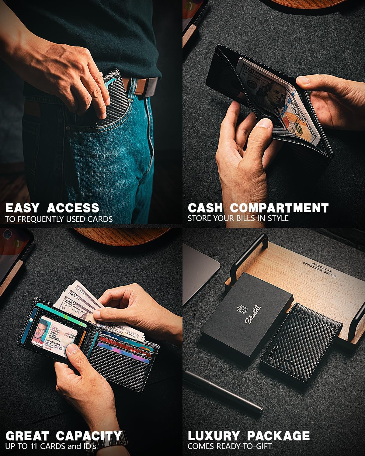 Zitahli Mens Slim Carbon RFID Blocking Minimalist Bifold Credit Card Holder Wallet Cartera Para Hombre Leather Outdoorfun