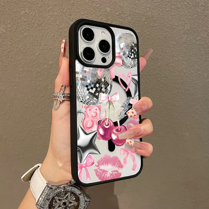 Adorable Magnetic Case for iPhone11/12/13/14/15/16/17/promax Pink Sparkle Party Vibe MagSafe Compatible, Lightweight, Anti-Fall | Girly & Chic Style