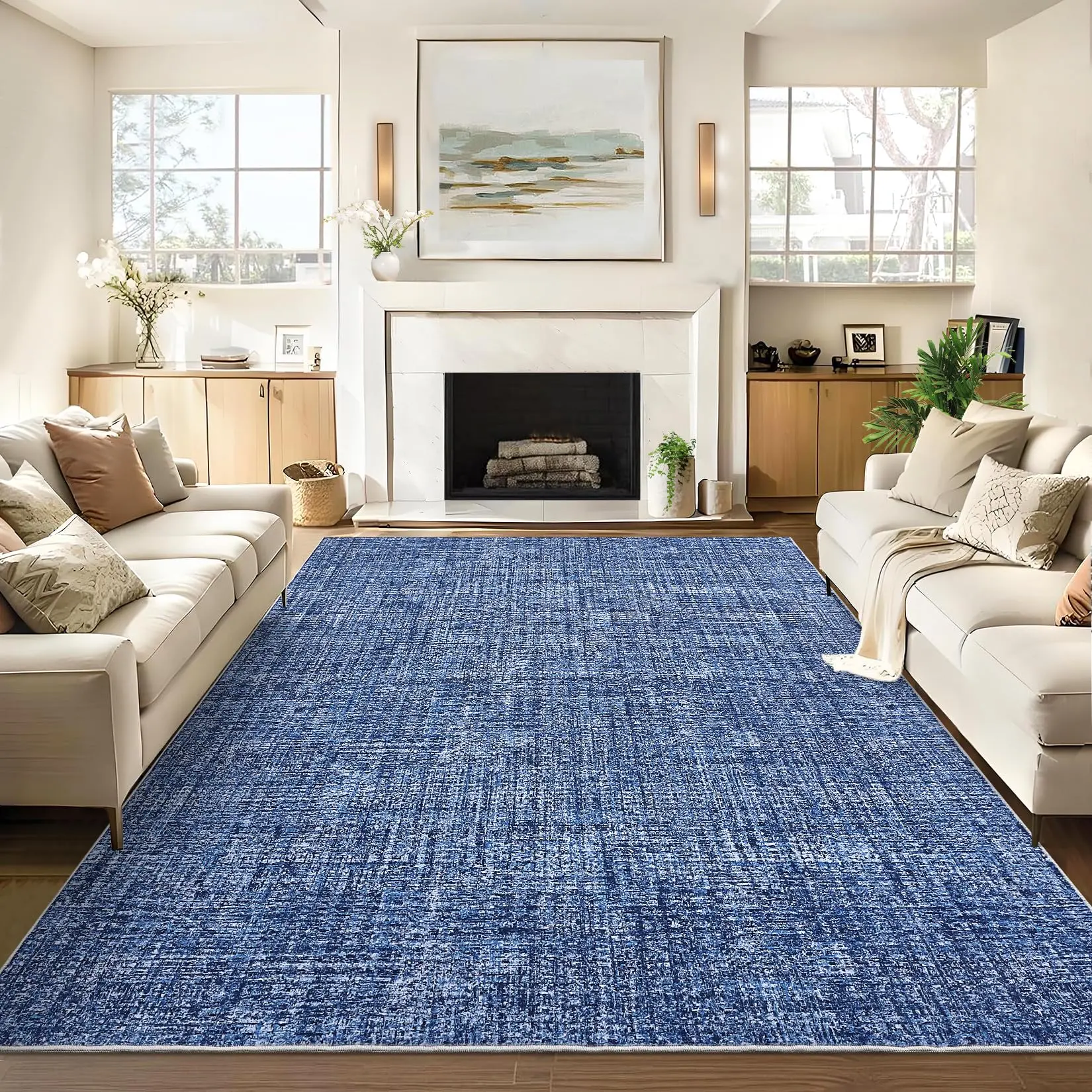 Garvee Modern Beige Rug 10x13 Large Washable Rug with Non Slip TPR Backing, Neutral Plain Carpet, Soft Low Pile Thin Floor Covering, Indoor Non Shedding Mat for Open Spaces Office, Blue
