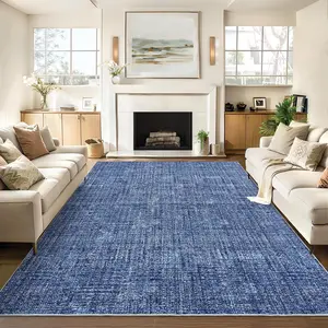 Garvee Modern Beige Rug 10x13 Large Washable Rug with Non Slip TPR Backing, Neutral Plain Carpet, Soft Low Pile Thin Floor Covering, Indoor Non Shedding Mat for Open Spaces Office, Blue