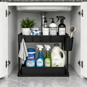 1pc/2pcs 2 Tier Under Sink Organizer with Sliding Drawer, Pull Out Cabinet Storage Rack, 5 Side Hooks & 3 Hanging Baskets, Space Saving Bathroom and Kitchen Organizer for Pantry, Laundry Room, Dorm, Apartment and RV Storage