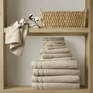 Luxury 12-Piece 100% Cotton Towel Set - Quick-Dry Zero-Twist Softness, Oeko-Tex Certified Spa Bundle for Family (Beige)
