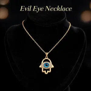 Titanium Steel Hamsa Hand & Evil Eye Necklace for Women | Dual Symbol Protective Amulet Pendant | 16 Inch Dainty Chain Jewelry | Spiritual Gift for Her