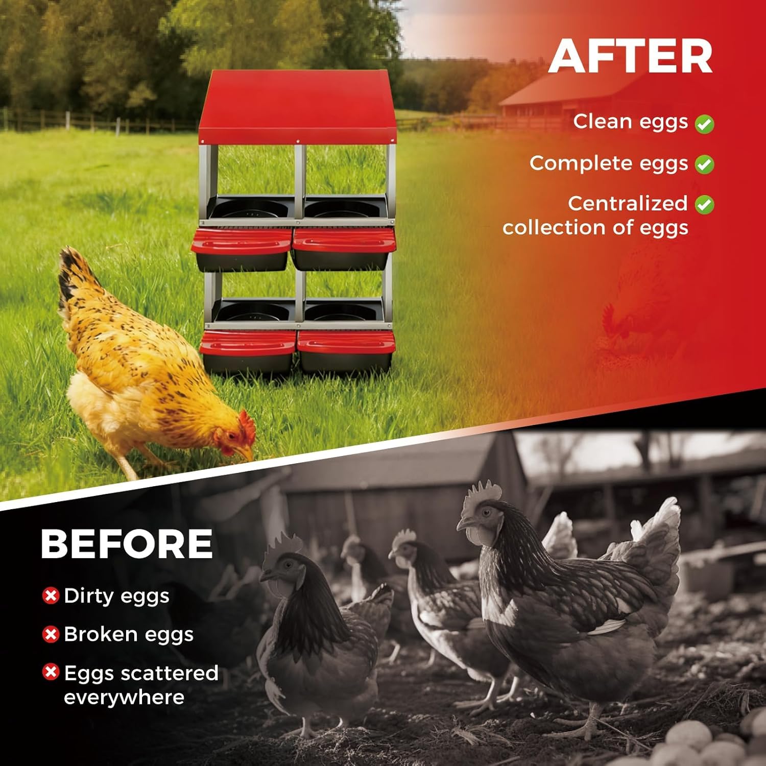 Rollaway Chicken Nesting Boxes with 3/4 Compartments, Metal Egg Laying Box for Poultry, Removable Trays for Easy Collection, Wall-Mounted or Freestanding Design for Coops Red