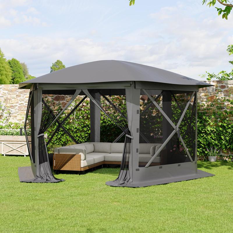 Pop Up Gazebo Screen Tent 11x11 ft with Removable Canopy Top – Quick-Set 6-Sided Bite-Proof Sun Shade Tent, All-Weather Outdoor Canopy Shelter for Camping, Backyard, and Patio,Grey