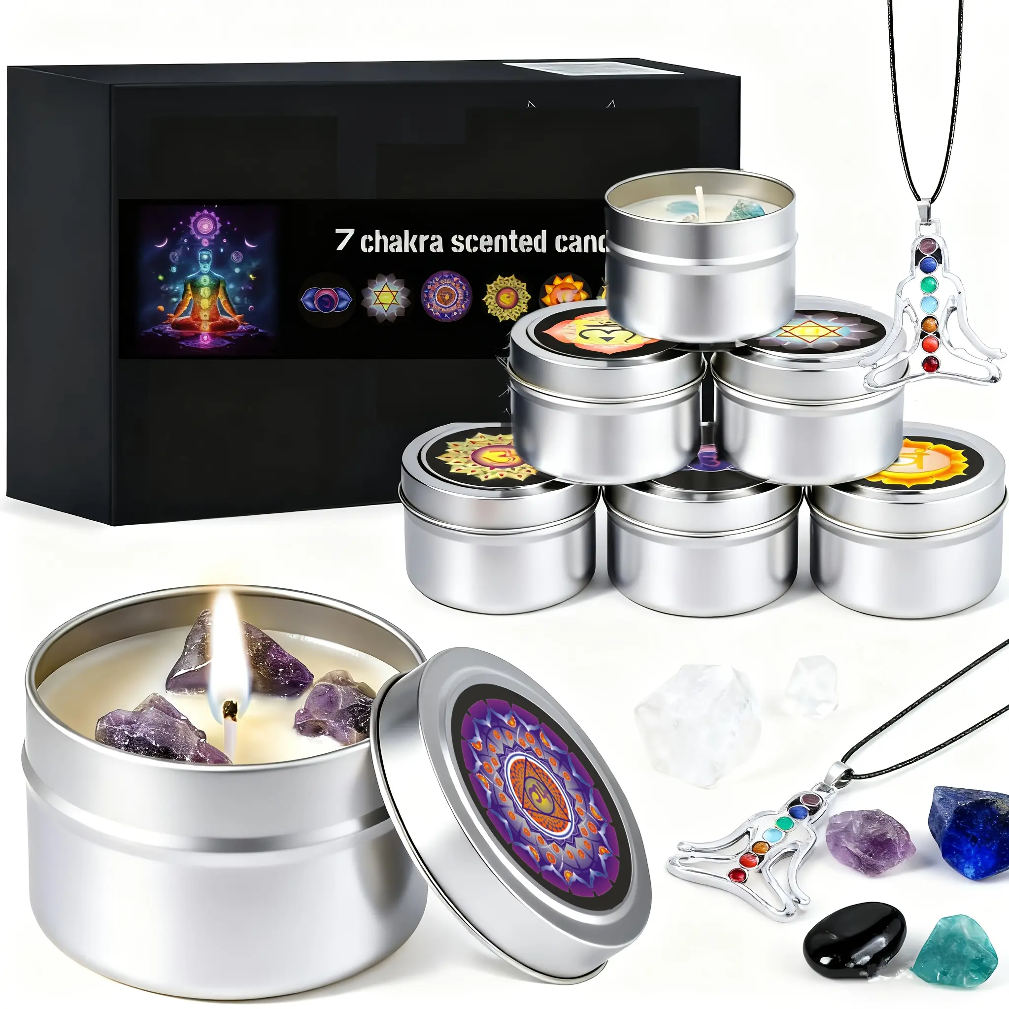 7-pack aromatherapy candle set with natural crystal stone and pendant, suitable for home use - long-lasting soy wax fragrance Aromatic Scents Soy Candles - Christmas gift for ladies, mothers, best friends, wives, birthdays, candle set with gift box