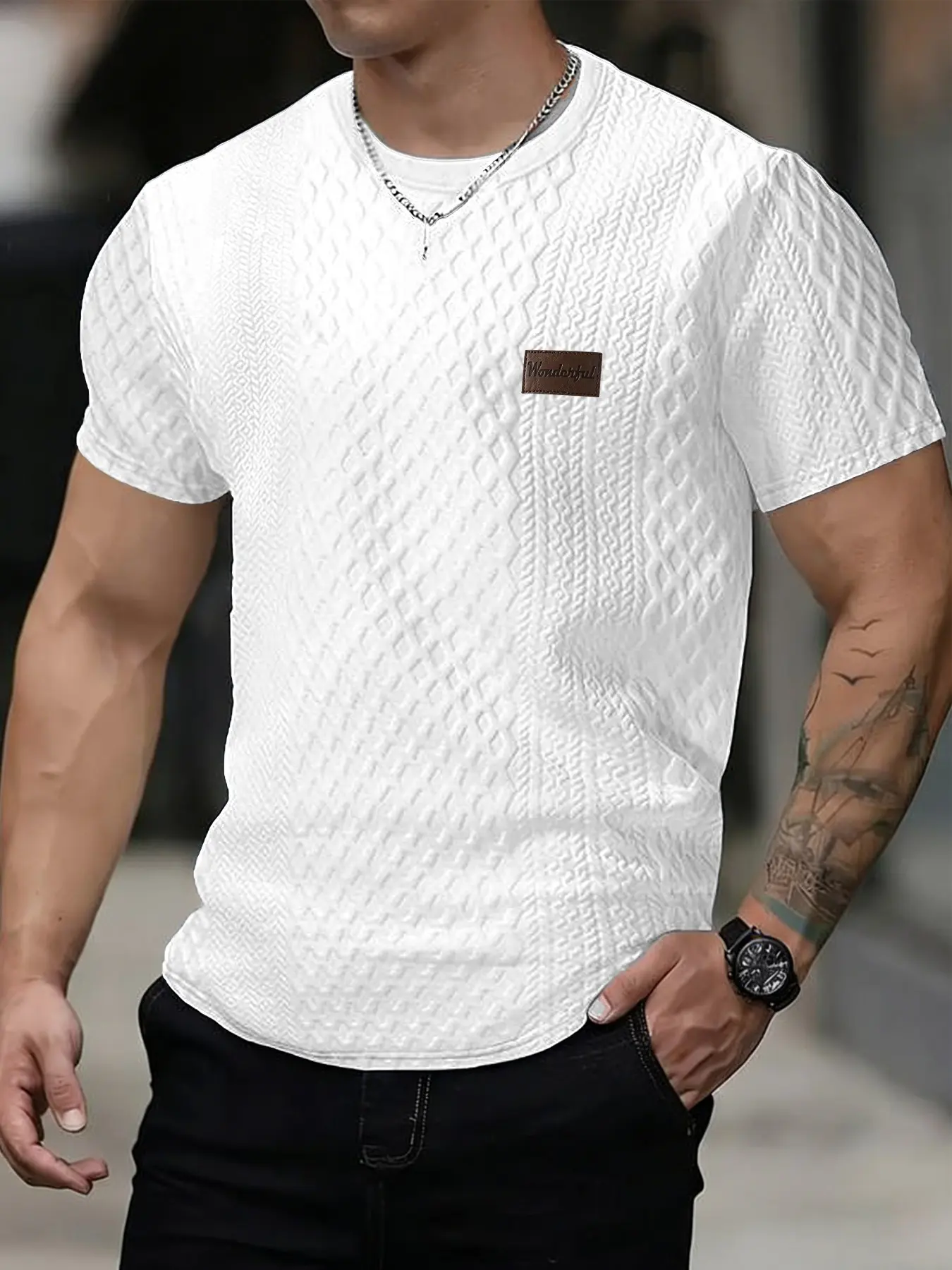 Men's Summer Casual Classic Textured Embossed Knit Round Neck Fitted T-Shirt, Breathable Comfort Daily Wear, Ideal Gift for Boyfriend or Elderly