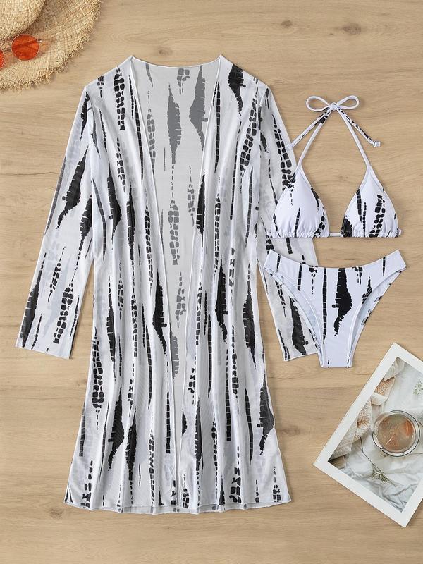 Women's Tie Dye Print Bikini Set, Chic Halter Neck Padded Triangle Swim Bra & Swim Knicker & Long Sleeve Open Front Cover Up Set, Ladies Summer Swimsuit for Beach Holiday Vacation