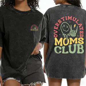 Women's "Overstimulated Moms Club" Vintage Washed Tee, Trendy Summer Casual Short Sleeve T-Shirt, Loose Fit Retro Graphic Top for Daily Wear