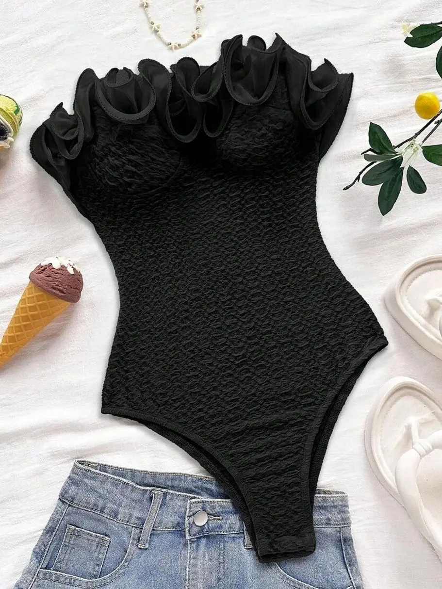 Strapless Ruffle Trim Bodysuit Burgundy Red Summer Top For Beach Festival Party