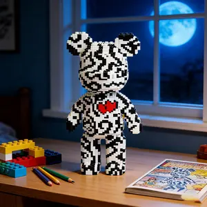 Striped Heart Bear 3D Puzzle Assembly Building Blocks Decoration, Home Office Bookshelf Decor, Party Room Entrance Display, Ideal Gift