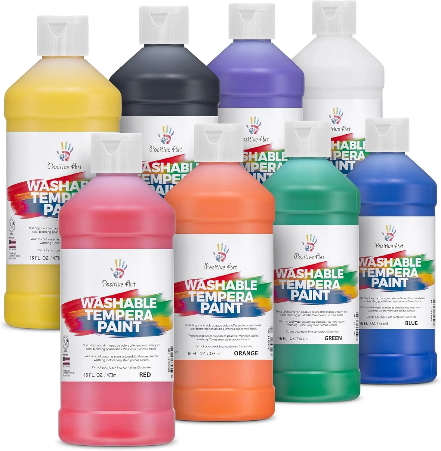 Positive Art Washable Paint for Kids – 16 oz Bottles, Made in USA, Tempera Paint Set – Bulk Classroom Paints for Students, Finger Painting, School Use – 8 Pack