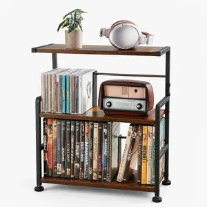 Aquzee Durable Wooden 3-Tier CD Storage Shelf - Rustic Brown Corner Shelf with Adjustable Dividers, Holds 70 CDs, DVDs, Games, Easy Assembly, Weather Resistant, Space Saving, Multi-Purpose Organizer,gift,CD Storage Rack outdoorfun