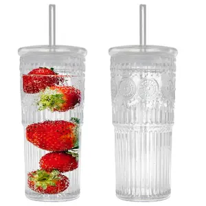 Glass Iced Coffee Cup With Lids and Straws, 24 OZ High Borosilicate Glass Tumbler for Water Smoothie Juice Drinks, Modern Glass Mug for Cold & Hot Beverages, Aesthetic Glass Cups, Drinkware