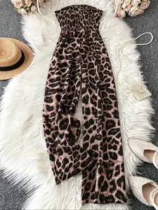 Women's All Over / Leopard Print Tube Jumpsuit, Elegant Fashion Casual Wide Leg Jumpsuit for Daily Outdoor Wear, Women Jumpsuits for Summer