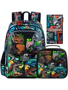 Dinosaur Backpack for Boys, 3 Piece Kids School Bag Set with Lunch Bag & Pencil Case, Cartoon Dino Print Backpack for Elementary School, School Backpacks