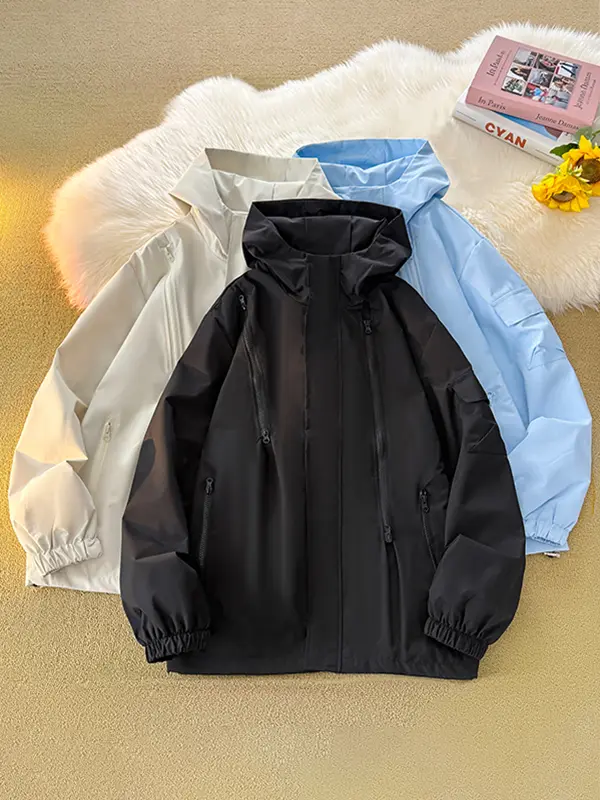 Solid Color Hooded Hardshell Jacket for Men & Women, Multi-Zipper Cargo Style Windproof Loose Casual Coat