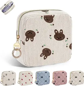 Period Bag for Teen Girls, Corduroy Sanitary Napkin Storage Bag, Menstrual Pad Pouches Tampon Holder for Purse (Bunny)