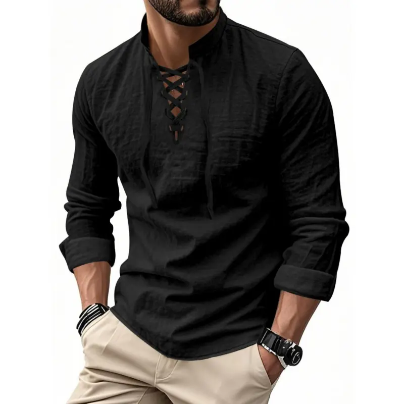 Men's Lightweight Breathable Linen Shirt, Drawstring Collar, Unique Design, Casual Solid Color Long Sleeve Polo Shirt, Suitable for Daily Commuting Spring and Autumn Men's Clothing