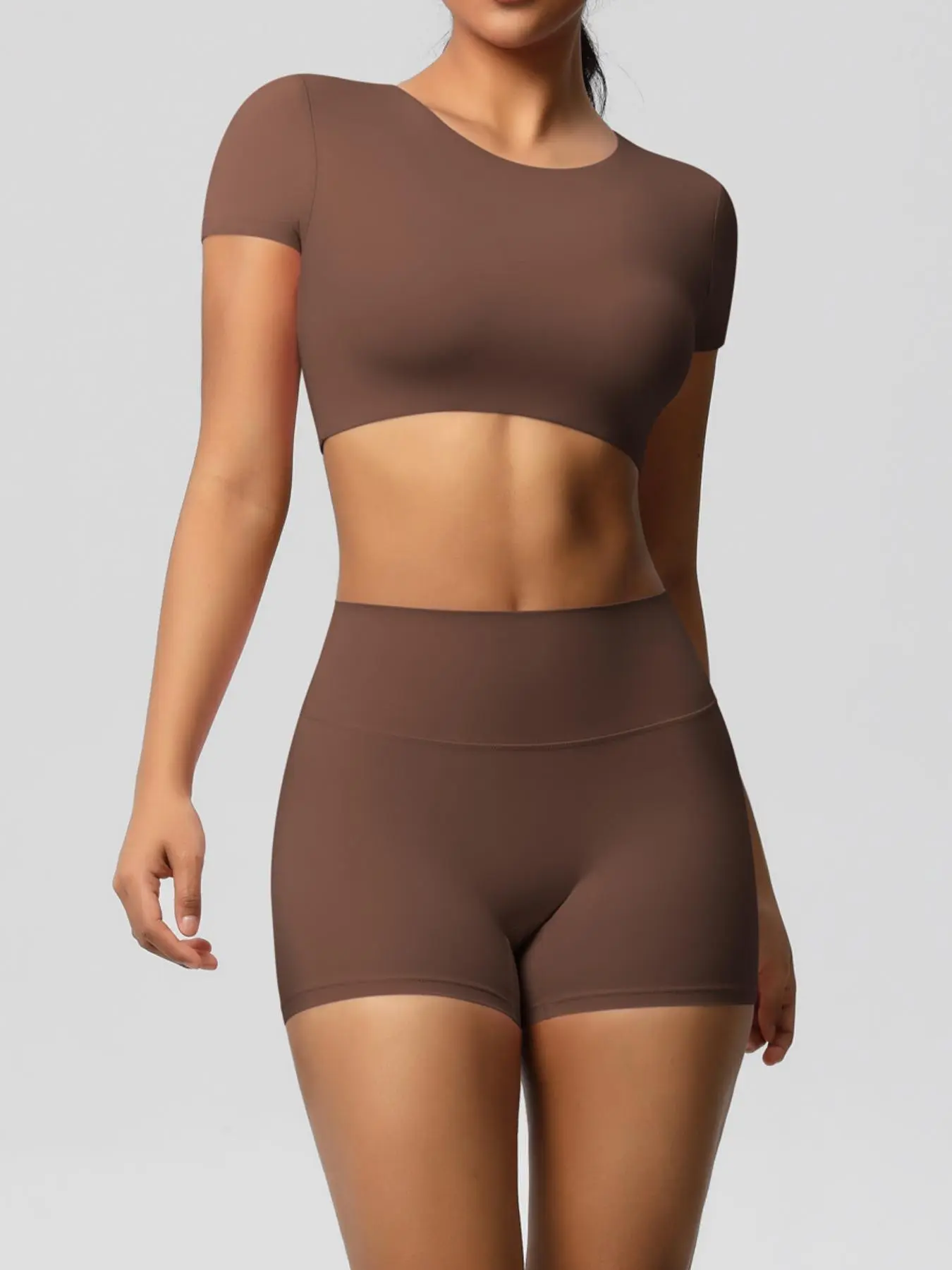 Women's Solid Crop Top & Skinny Shorts Sportswear Set, Casual Comfy Breathable High Stretch Activewear Two-piece Athleisure Outfits for Yoga Gym Workout Running, Ladies Sportswear for All Seasons, Exercise Clothing Set, Fitness Clothing