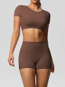 Women's Solid Crop Top & Skinny Shorts Sportswear Set, Sportswear Running Fitness, Casual Comfy Breathable Two-piece Outfits for Yoga Gym Workout Running, Ladies Sportswear for All Seasons, Stretchable Activewear