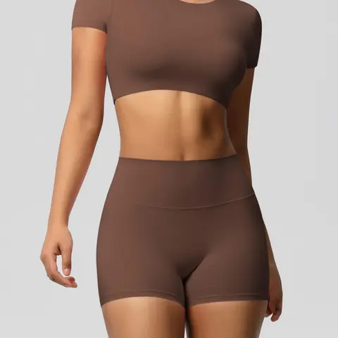 Women's Solid Crop Top & Skinny Shorts Sportswear Set, Casual Comfy Breathable High Stretch Activewear Two-piece Athleisure Outfits for Yoga Gym Workout Running, Ladies Sportswear for All Seasons, Exercise Clothing Set, Fitness Clothing