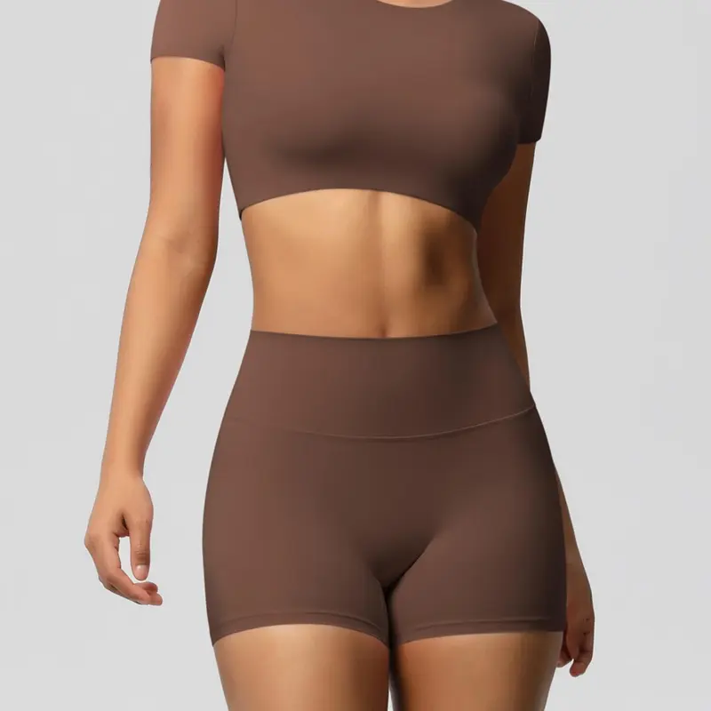 Women's Solid Crop Top & Skinny Shorts Sportswear Set, Casual Comfy Breathable High Stretch Activewear Two-piece Athleisure Outfits for Yoga Gym Workout Running, Ladies Sportswear for All Seasons, Exercise Clothing Set, Fitness Clothing
