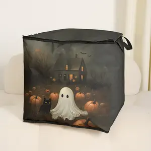 Cute Pumpkin Ghost Print Blanket Storage Carrying Bag, Durable Material, Easy Carry Handle, Perfect for Halloween Home Use, Store Blankets & Toys, Storage Organizer Bag