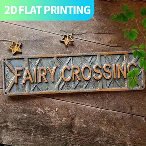 2D Flat, 1pc Vintage Fairy Crossing Metal Sign - Rustic Farmhouse Decor with Aged Brown/Beige Distressed Lettering - Large 15.7x3.9 Inch (40x10cm) Antique Look - Pre-Drilled Hanging Holes for Easy Installation - Indoor/ Decoration - Perfect for Porch, Kit