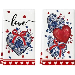 Blue Porcelain Bowknot Love Heart Valentine's Towels Dish Towels, 18x26 Inch Anniversary Wedding Decoration Set of 2