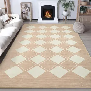 Beige and White Checkered Rug for Living Room,Soft Modern Geometric Machine Washable Large Area Rugs for Bedroom, Low Pile Anti-Slip Indoor Plaid Carpet for Playroom Nursery Kitchen Dorm, 5x8 Feet,6x9 Feet