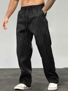 Men's vertical stripe loose long pants, elastic waist straight casual pants, loose and comfortable fit, suitable for daily commuting and street wear work pants for men  Clothes Menswear Thin Black Classic White Trouser pants for men Striped