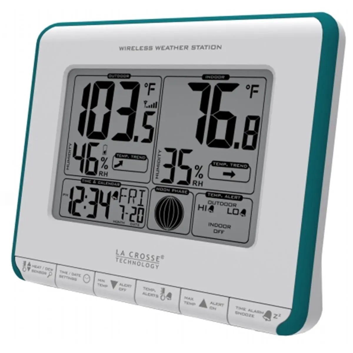 La Crosse Technology Blue Wireless Digital Weather Station - 12/24 Hour Time, 6 Moon Phase Icons, F/C Temperature, Humidity (%RH), Min/Max Recs, Snooze Alarm