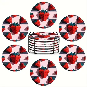 6PC round ceramic coasters with a strawberry pattern patchwork round design, high temperature resistant and non-slip, exquisite home and restaurant decoration, suitable for sideboards, home decor and parties, perfect restaurant gift ideas, housewarming gi