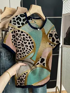 Women's Leopard Print Round Neck Sweater, Casual Short Sleeve Knitwear for Spring Summer Fall, Comfortable Warm Daily Wear, Knitted Tops