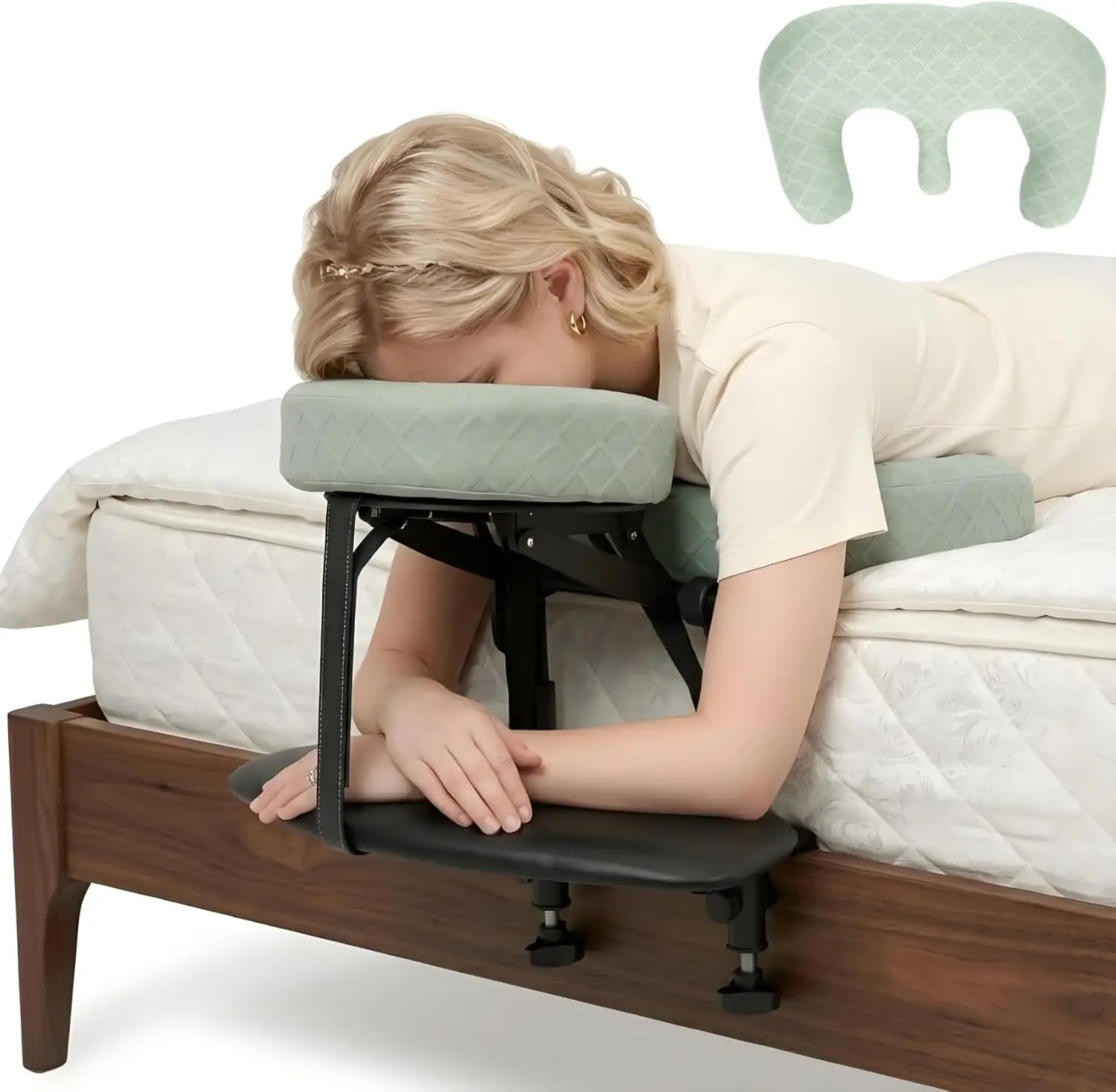 Massage Headrest for Bed with Arm Rest & Breast Pillow, Massage Face Cradle for Bed System with Pu Leather & Foam Pillow, Ergonomic Beds Massages Head Holder for Women-Friendly Comfort