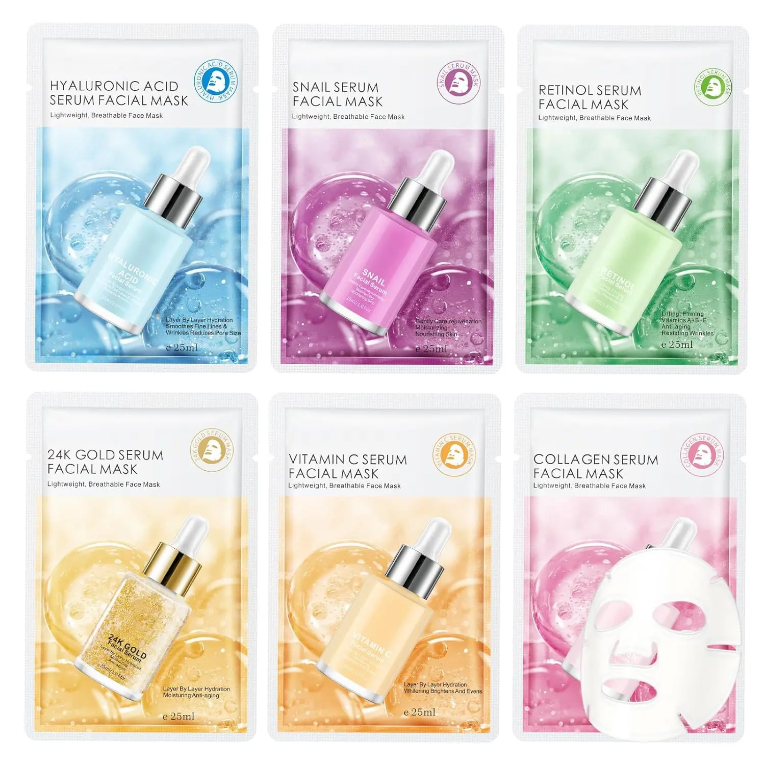 Summer Gift 6 Pack Serum Sheet Masks,Facial Masks Skincare for Women,Hydrating & Moisturizing Face Masks for All Skin Types,Smooth,Nourishing,Lightweight