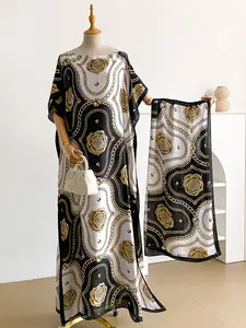 Elegant Women's Floral Print Maxi Dress Set with Silky Scarf Shawl, Casual Woven Fabric, Beach Decoration, Sun Protection, Daily Wear