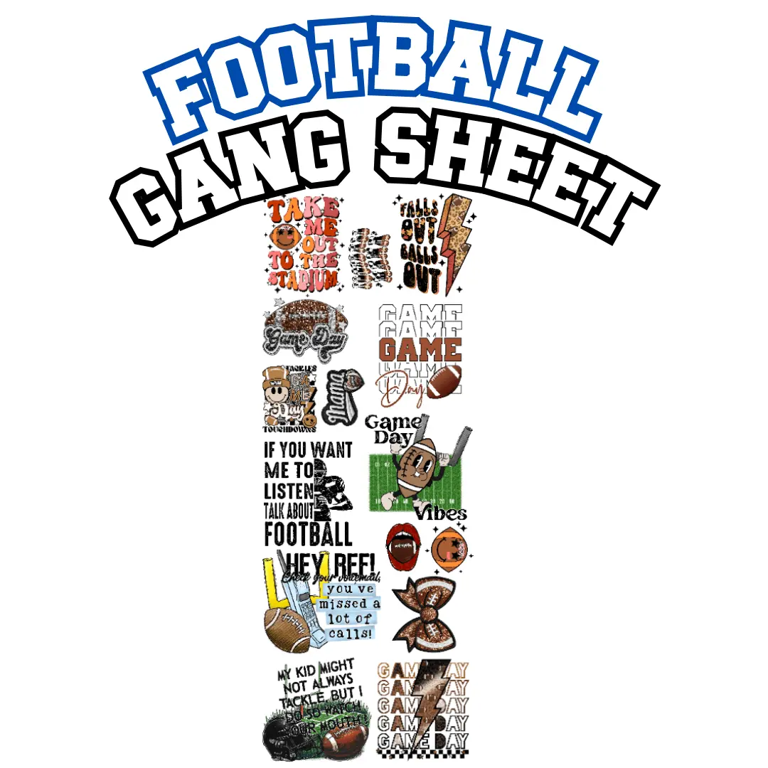 Pro Blanks Premade Football DTF Gang Sheet - 22x60 in Multi-Color CMYK Vibrant Prints, Durable 50+ Washes, Medium Pressure, Hot/Cold Peel, for Apparel, Customized Craft, Incredible Quality